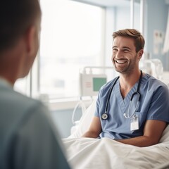 Fototapeta premium Collaborative Medical Conversation: Two Doctors Discuss Patient Care in a Calm Hospital Room