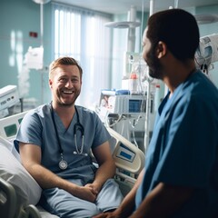 Obraz premium Hospital Room Discussion: Two Doctors Engage in a Thoughtful and Relaxing Conversation About Patient Care