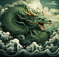 Traditional Asian dragon flying. 2024 Chinese New Year sign. Created with Generative AI