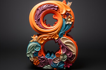 3D orange number 8 in flowers on a dark background, women's holiday concept, spring mood.