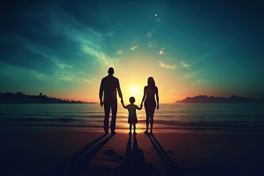 silhouette of family raising baby together in nature on a beach at sunset Generative Ai