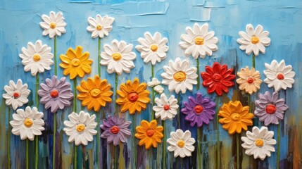 A painting of colorful flowers on a blue background