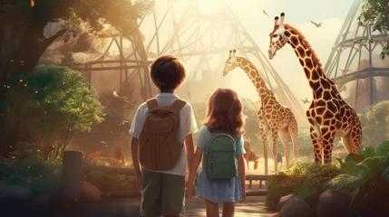 Gordijnen A couple of kids standing next to a giraffe © Maria Starus