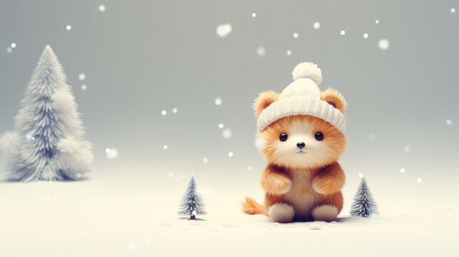 A bear wearing a hat sitting in the snow