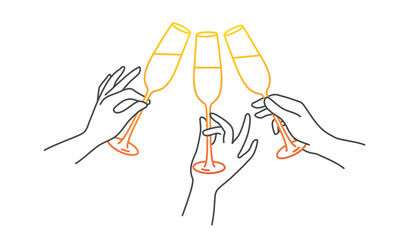 Three hands holding champagne glasses.