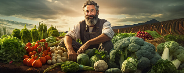 Farmer amidst a bountiful harvest, representing eco-friendly agriculture and organic practices 