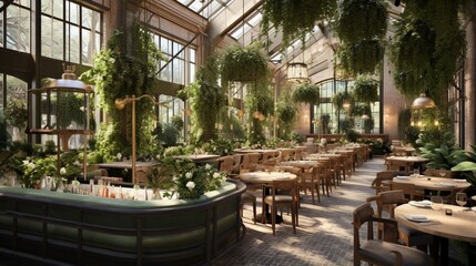 a modern greenhouse restaurant with lush plants, glass ceilings, and farm-to-table dining