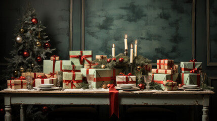 Tabletop with Christmas gift boxes, ornaments and  candles