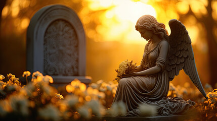 Statue of an angel next to a gravestone at a cemetery - obrazy, fototapety, plakaty