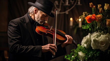 Old man with a violin at a funeral service