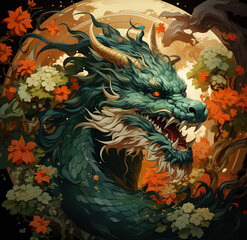 Traditional Asian dragon flying. 2024 Chinese New Year sign. Created with Generative AI