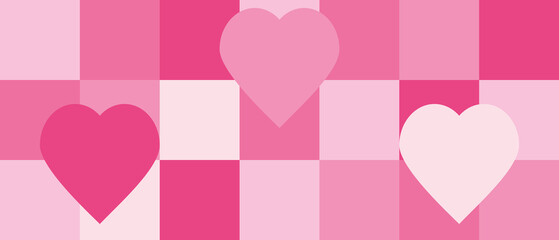 Geometric pink mosaic of squares and hearts, in a trendy style. Template for Valentine's Day and Mother's Day beautiful background, seamless pattern for textile and wallpaper.