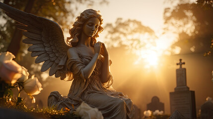 Angel statue at sunset at the cemetery - obrazy, fototapety, plakaty
