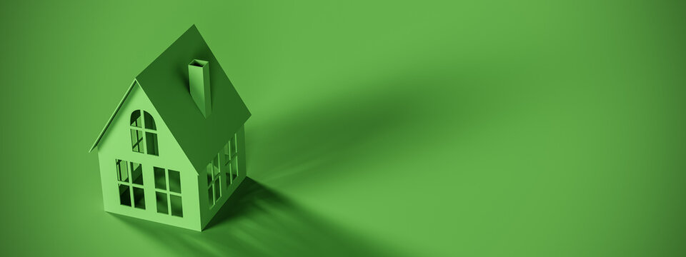 Green paper house on green background with copy space. Ecological living concept. 3D Rendering, 3D Illustration