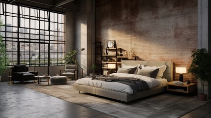 a modern urban loft bedroom with a mix of industrial and mid-century modern elements
