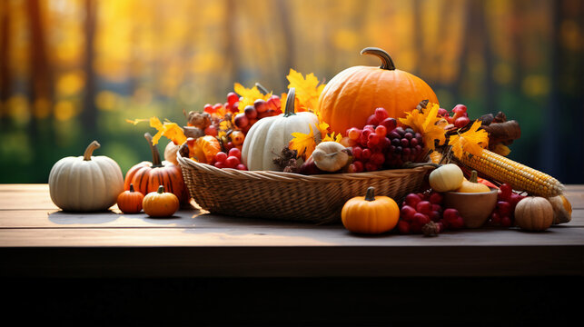 Thanksgiving harvest basket on fall background. Thanksgiving cornucopia fall scene with pumpkins squash on wood table at sunset