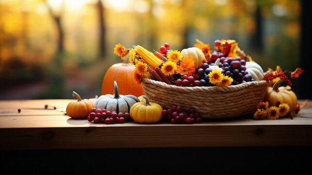 Thanksgiving harvest basket on fall background. Thanksgiving cornucopia fall scene with pumpkins squash on wood table at sunset