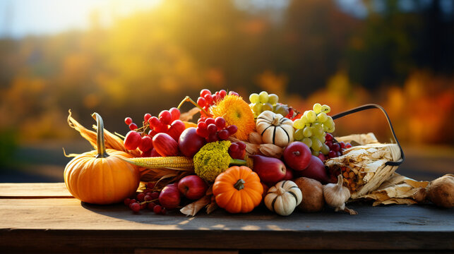 Thanksgiving harvest basket on fall background. Thanksgiving cornucopia fall scene with pumpkins squash on wood table at sunset