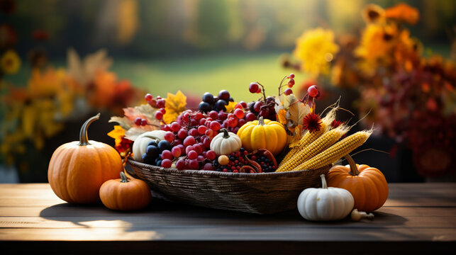 Thanksgiving harvest basket on fall background. Thanksgiving cornucopia fall scene with pumpkins squash on wood table at sunset
