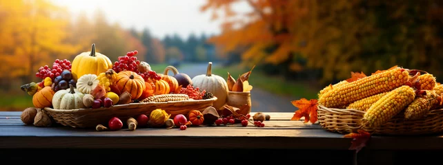 Fototapete Thanksgiving harvest basket on fall background. Thanksgiving cornucopia fall scene with pumpkins squash on wood table at sunset © Justin