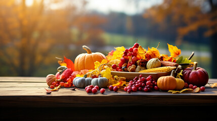 Thanksgiving harvest basket on fall background. Thanksgiving cornucopia fall scene with pumpkins squash on wood table at sunset - obrazy, fototapety, plakaty