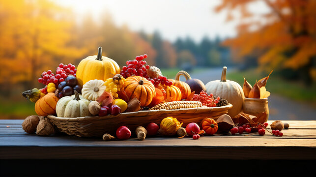Thanksgiving harvest basket on fall background. Thanksgiving cornucopia fall scene with pumpkins squash on wood table at sunset
