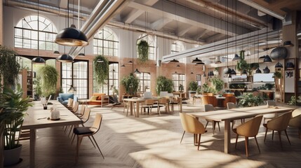 a Scandinavian-inspired co-working space with ergonomic furniture and a communal atmosphere