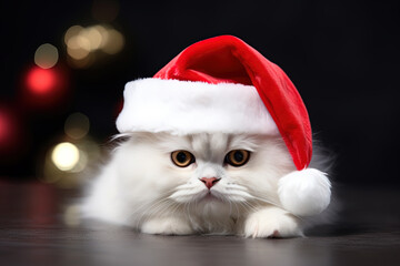 White fluffy cat in a christmas outfit under the christmas tree. Christmas card.