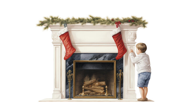 a child hanging their stocking above the fireplace isolated on a transparent background, generative ai