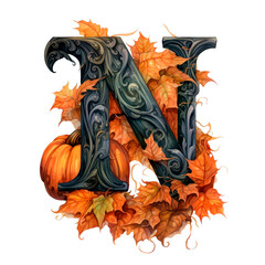 Obraz premium Watercolor alphabet. Autumn Halloween letter N with pumpkins and fall leaves