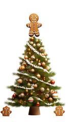 a gingerbread man atop a christmas tree isolated on a transparent background, generative ai