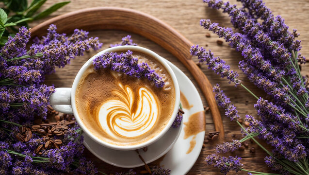 Latte coffee in a beautiful cup, lavender flower