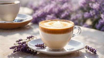 Schilderijen op glas Latte coffee in a beautiful cup, lavender flower © tanya78
