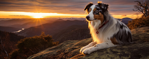 Australian shepherd admiring the sunset from mountain top - obrazy, fototapety, plakaty