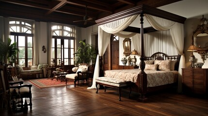 a traditional colonial-style bedroom with canopy beds, colonial-era decor, and dark wood furnishings