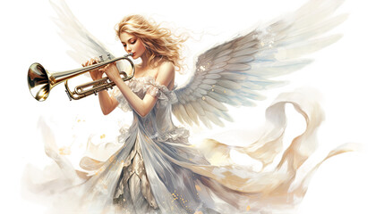 an angel with wings blowing a trumpet isolated on a transparent background, generative ai