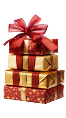 a stack of wrapped christmas presents tied with a bow isolated on a transparent background, generative ai