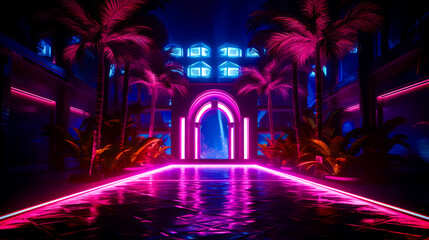 Pool surrounded by palm trees with neon light at the end of it. - obrazy, fototapety, plakaty