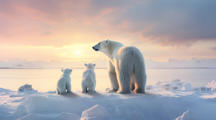 polar bear in the winter sunset with cubs - obrazy, fototapety, plakaty