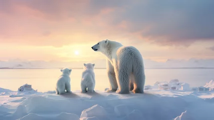 Fototapeten polar bear in the winter sunset with cubs © PerOlav