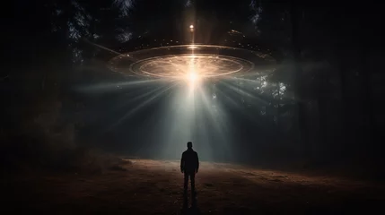 Wall murals UFO ufo hovering over a silhouette man at night in a forest