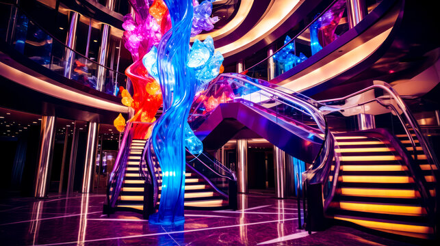 Large glass sculpture in the middle of room with spiral staircase.