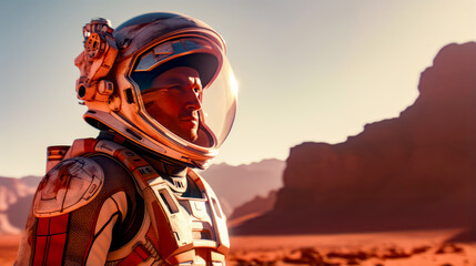 Man in space suit standing in the desert with mountains in the background.