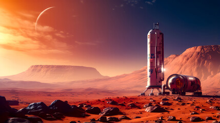 Artist's rendering of space station in the middle of desert.