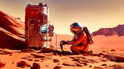 Man in spacesuit sitting on the ground next to machine. - obrazy, fototapety, plakaty