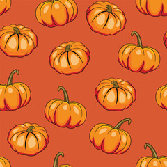 Seamless pattern with halloween pumpkins on color background. Scary and funny faces. Cute Pumpkin or ghost. Vector autumn holidays illustration