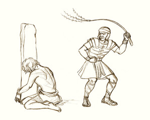 Pencil drawing. Punishment torture by flagellation
