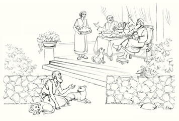 Pencil drawing. The rich man is feasting and the beggar asks for food