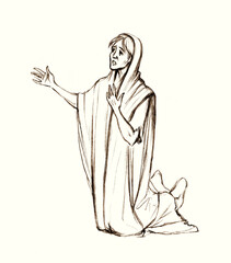 Pencil drawing. A poor widow praying God