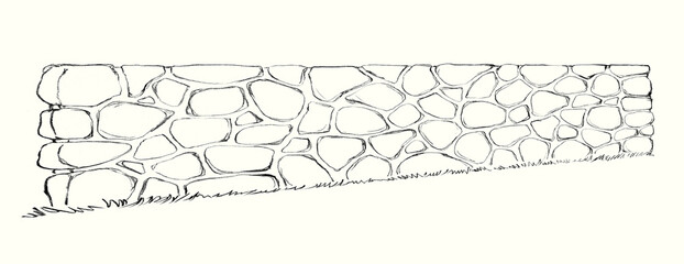 Pencil drawing. Old stone fence